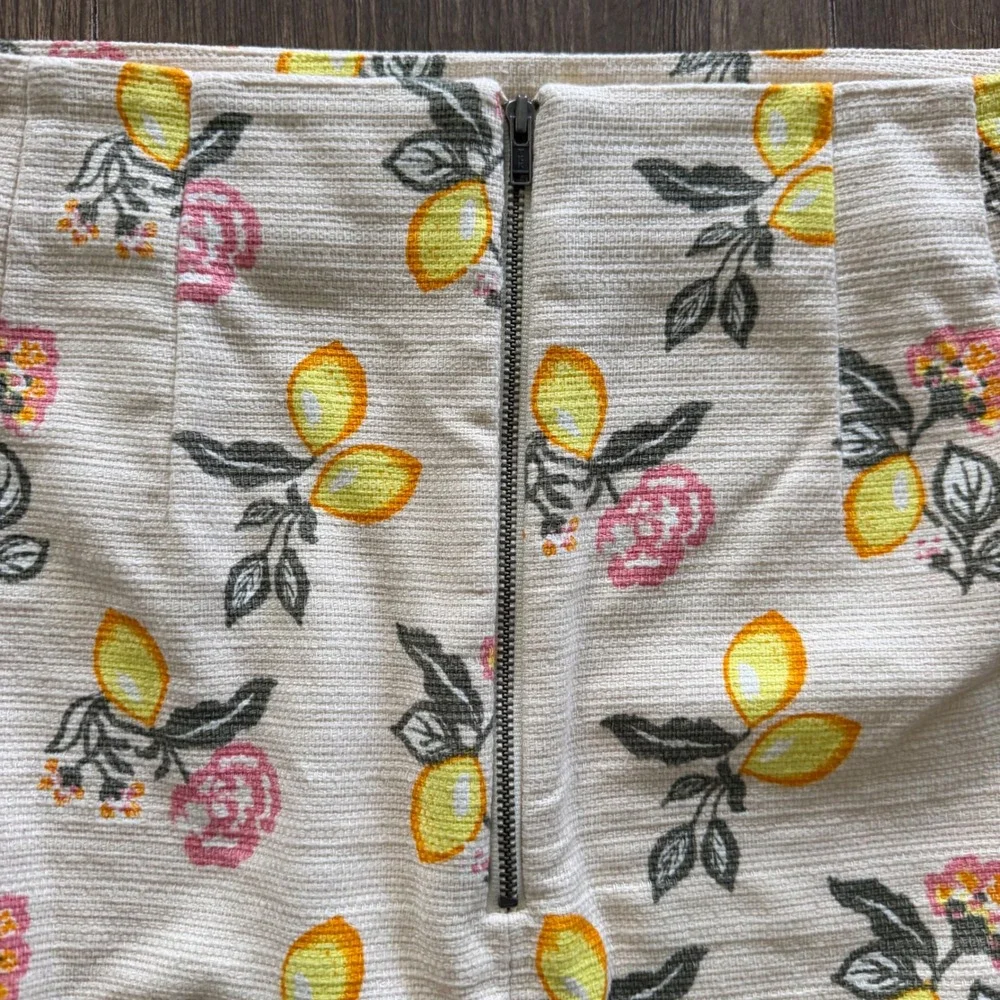 LOFT Mini Skirt Womens 12 Cream Lemon Floral Print Waffle Texture Citrus Garden
